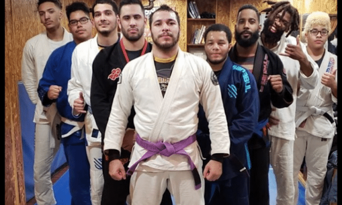 Pablo Rosado (purple belt) and his students after the advanced adults BJJ class.