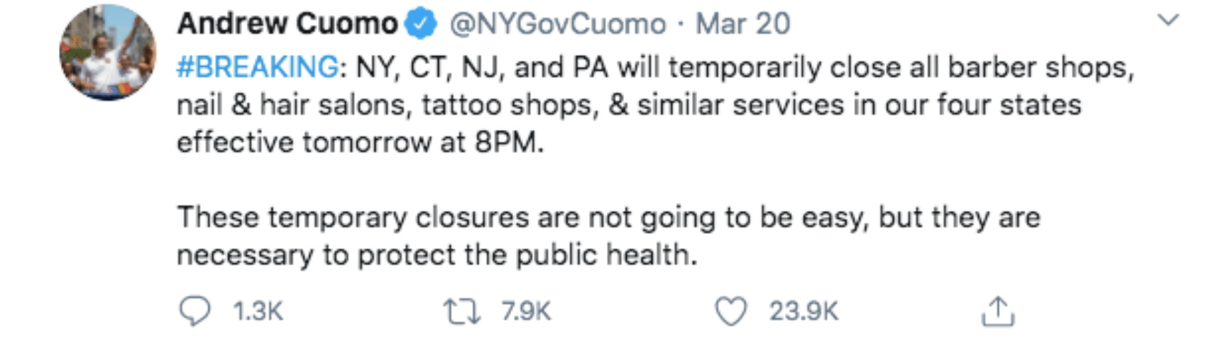 Tweet by New York Governor Andrew Cuomo stay-at-home order
