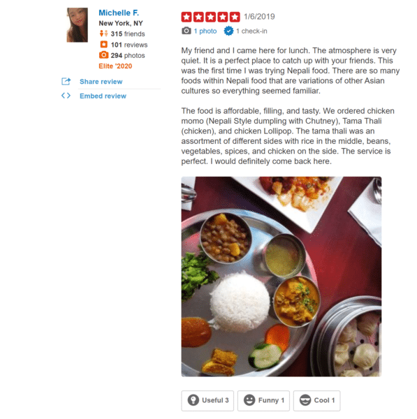Photo of a five-star Yelp review talking about they liked the atmosphere, affordable food and that  they would come back. They ordered chicken momo (Nepali Style  dumpling with Chutney), Tama Thali  (chicken) and chicken Lollipop. 