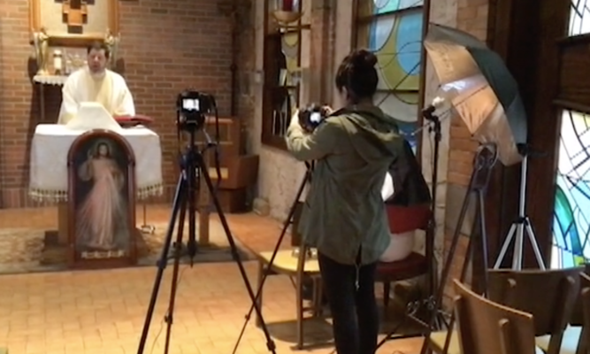 Karla Escobar shooting the mass at Our Lady of Guadalupe in Brooklyn