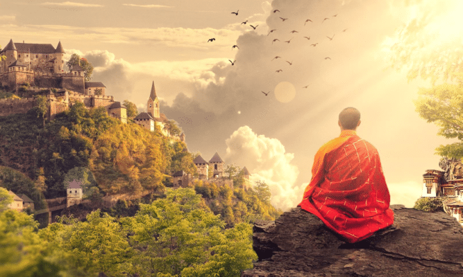 A buddhist monk meditating in an ancient time.