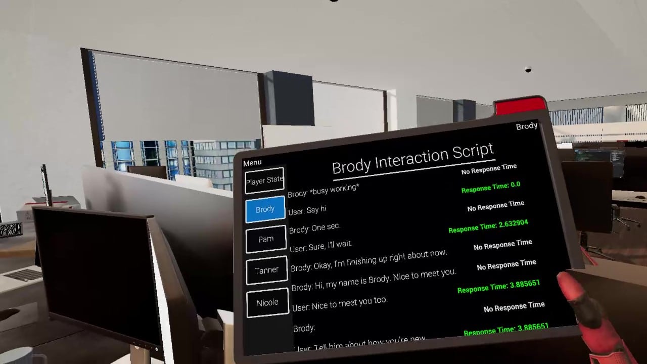 The first person user in a virtual reality office holds an iPad type device (you only see their hand holding the device) and considers discussion response choices.
