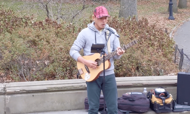 Musician returns to Bethesda Fountain in Central Park.