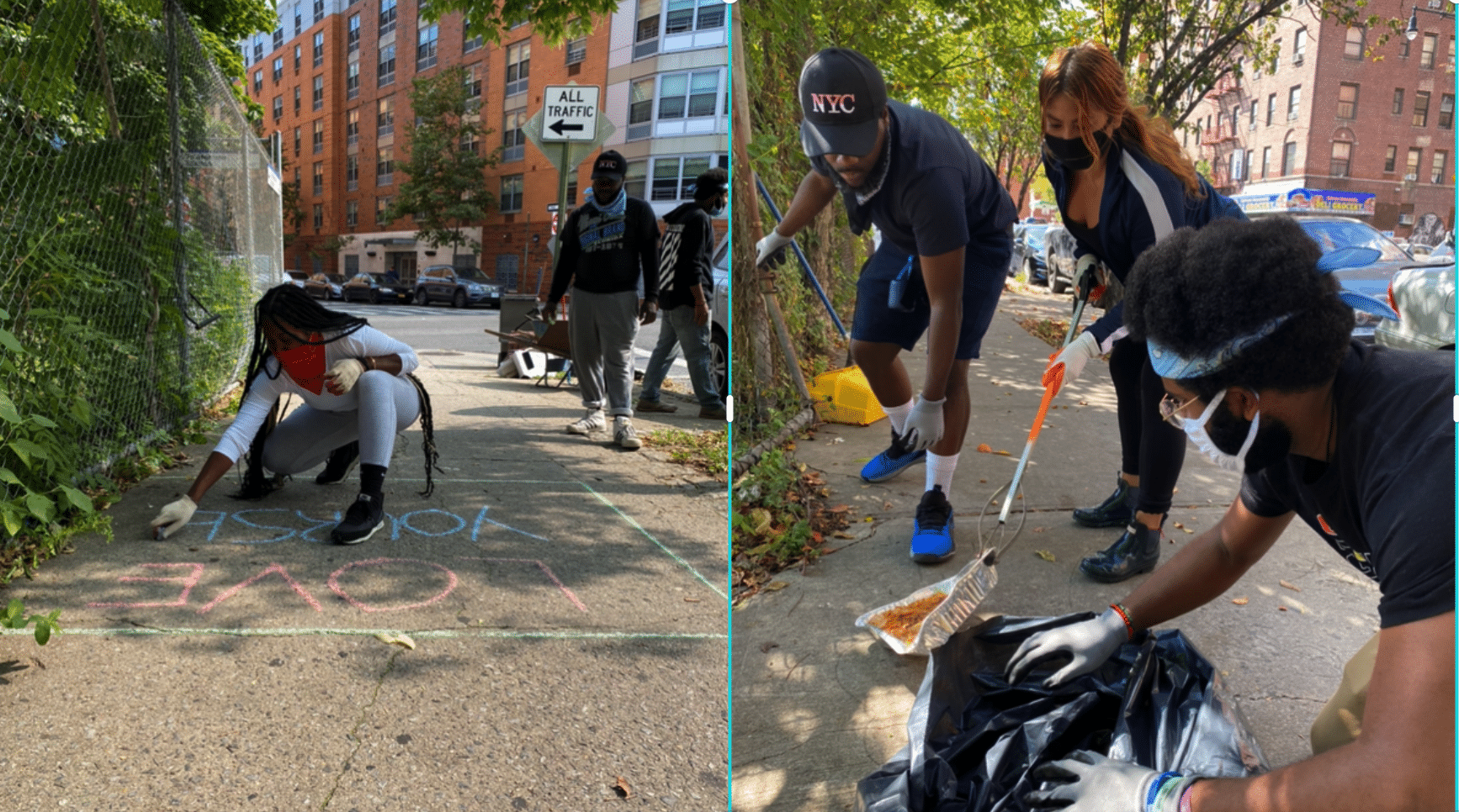 Photo on the left - a woman squats down to pull out some weeds in a sidewalk crack. A couple of people are seen in the background. She's beside a fence and a city street is also seen in the background. Photo on the right - two men and one women are cleaning up a sidewalk. One man is somewhat bent over holding a trash bag. The woman uses a tool to pick up a discarded aluminum pan with food in it. The third man is in the process of bending down to help pick up the pan to put in the trash bag. 