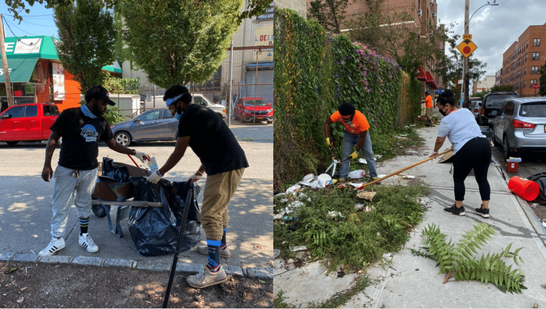 Photo on the left: Two men collect trash - one holds a bag while the other puts trash in the bag. Men are outside on pavement next to some dirt. Photo on the right - a man and a woman work to clean up a debris-filled grassy section between a sidewalk and a fence beside a NYC street.