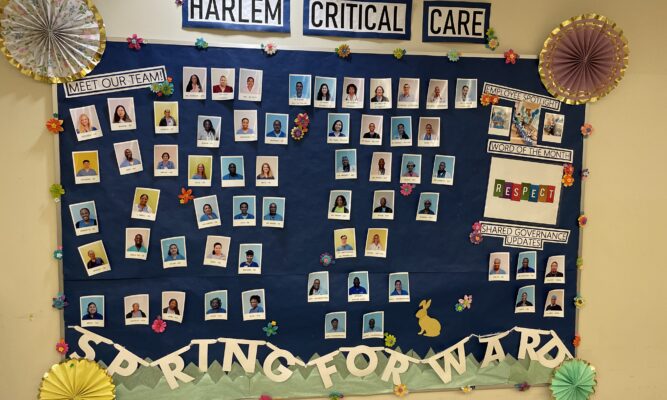 A photo of a bulletin board with photos of the Harlem Hospital ICU staff.