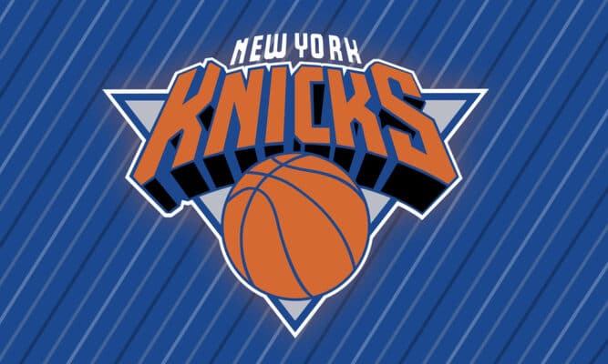 An image that says New York Knicks with a basketball. Background is royal blue. The words New York are white. The word Knicks and the basketball are orange with blue shadowing and lines on the basketball.