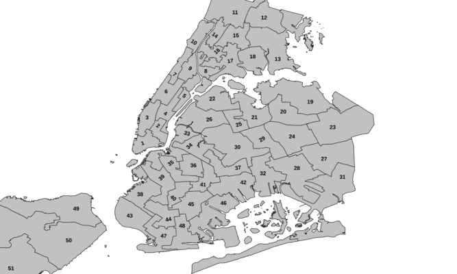 a grey and white outline map of all five boroughs of NYC divided and numbered into city council districts.
