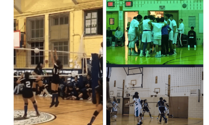 a collage of three photos. One on the left - high school girls playing volleyball in a gym. Top right: high school boys in a huddle during a basketball game in a gym. bottom left: high school girls playing basketball in a gym.