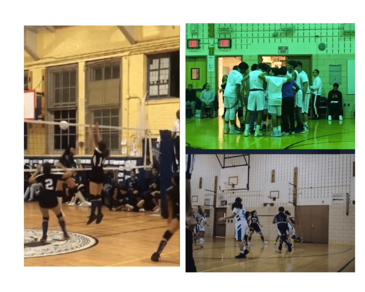 a collage of three photos. One on the left - high school girls playing volleyball in a gym. Top right: high school boys in a huddle during a basketball game in a gym. bottom left: high school girls playing basketball in a gym.