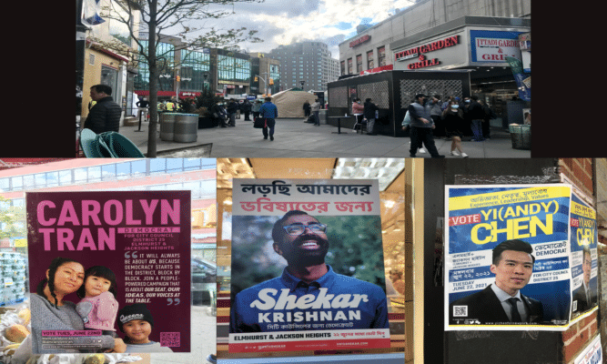 A collage of four photos - 1 showing a shopping/restaurant area in Jackson Heights, Queens, NYC. We see a sign for Wendy's, Itadi Garden & Grill and and Kabob King. A number of people are walking around a pedestrian only square. The day is overcast. People are wearing coats. The other 3 are photos of campaign signs for three candidates running for District 25 New York City Council seat in the June primary. They are: Carolyn Tran , Shekar Krishnan, and Yi Chen.