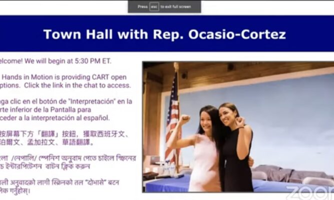 A screenshot advertising a Zoom townhall meeting hosted by Congresswoman Alexandria Ocasio-Cortez