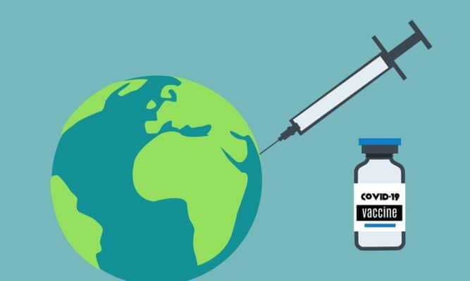 a graphic of a lime green and teal planet earth with a syringe sticking in it and a bottle to the side that says "COVID-19 vaccine"