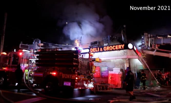 Deli and other stores in Riverdale, Bronx engulfed in smoke and fire.