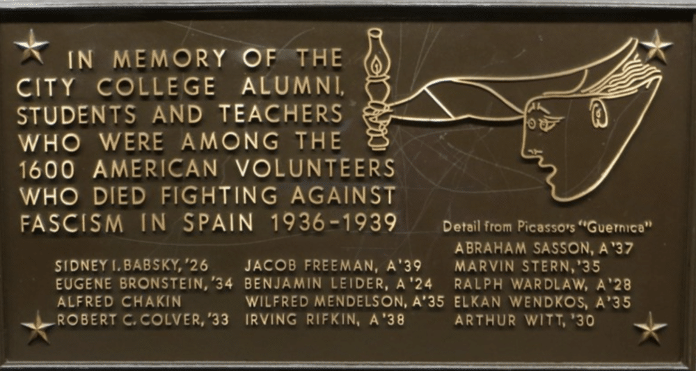 CCNY Plaque memorial to volunteers who fought in the Spanish Civil War 