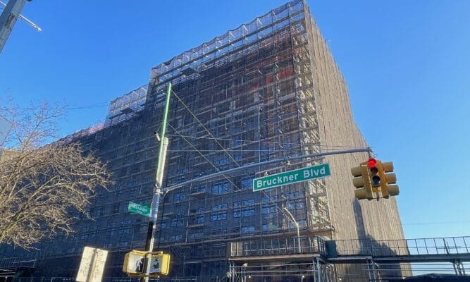Scaffolding on new high rises being built in Mott Haven.