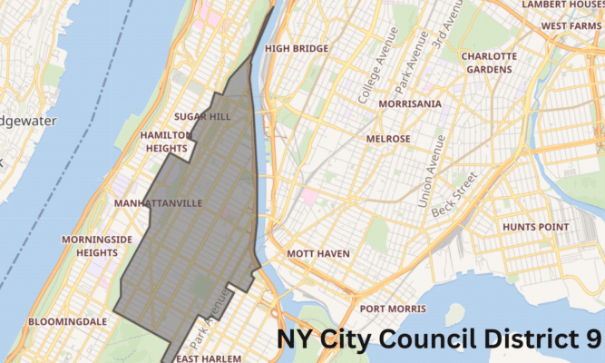 A google map image showing NY City Council District 9 in Harlem