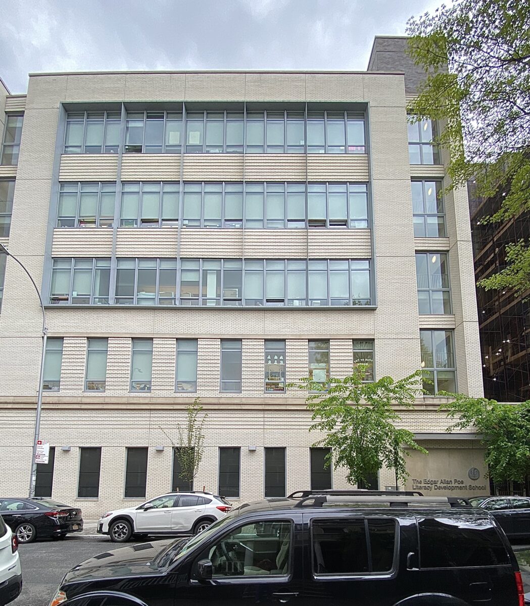 View of new adjunct building outside of Edgar Allen Poe P.S. 046.