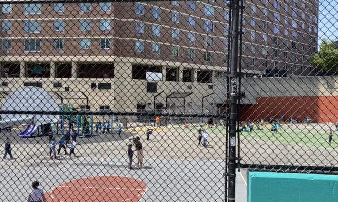 Students playing in the yard during recess in a Harlem school.