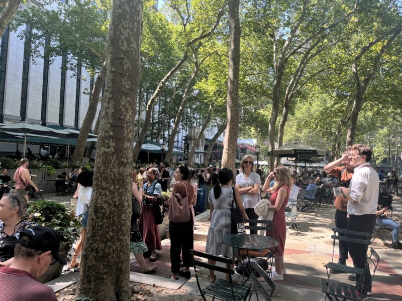 Staff and patrons congregated in Bryant Park following library evacuation.