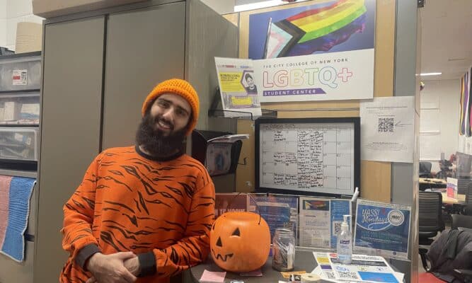 Jake Nill dressed for Halloween in the LGBTQ+ Student Center at The City College of New York