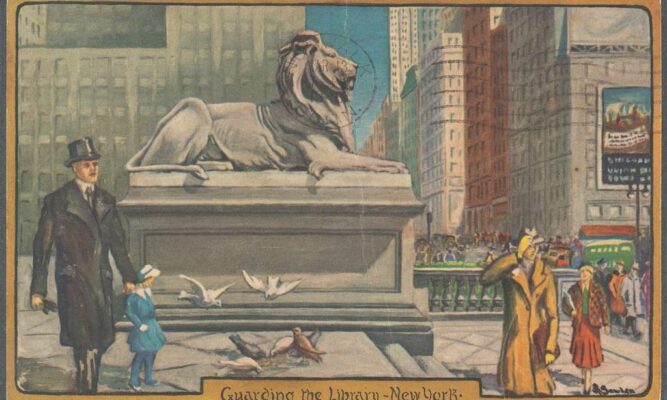 Historical postcard of the lion guarding the library