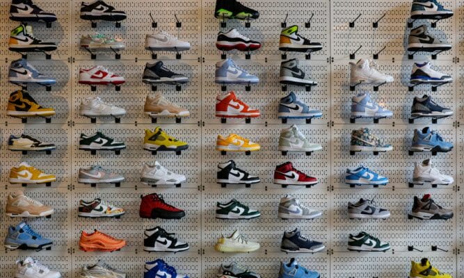 Sneakers on display in a store. Photo by Mick Haupt, Unsplash