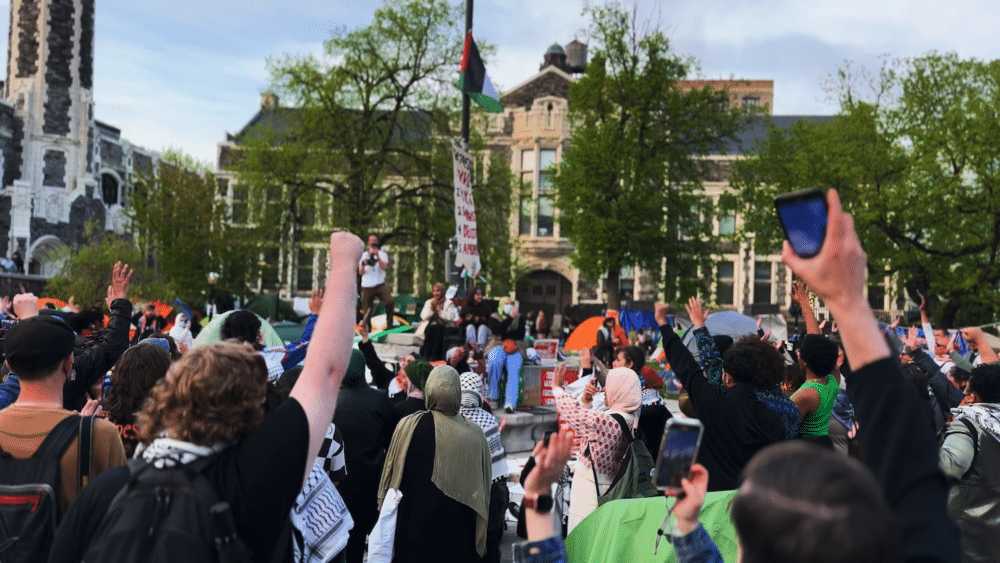 Students in the CUNY Gaza Solidarity Encampment on the campus of The City College of New York