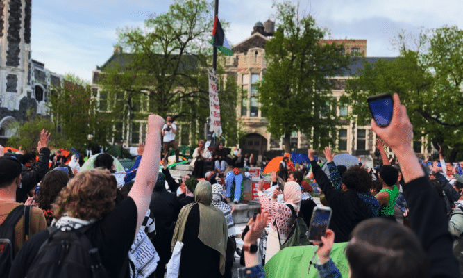 Students in the CUNY Gaza Solidarity Encampment on the campus of The City College of New York