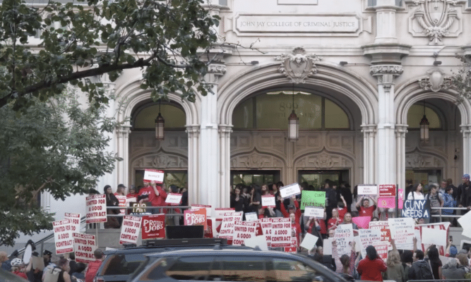 PSC CUNY professors and staff blocking the entrance to John Jay College of Criminal Justice