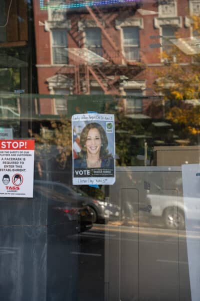 Kamala Harris poster in a window.