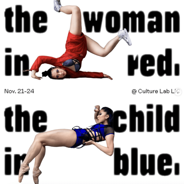 A poster reads "The Woman in Red. The Child in Blue." with two dancers. 