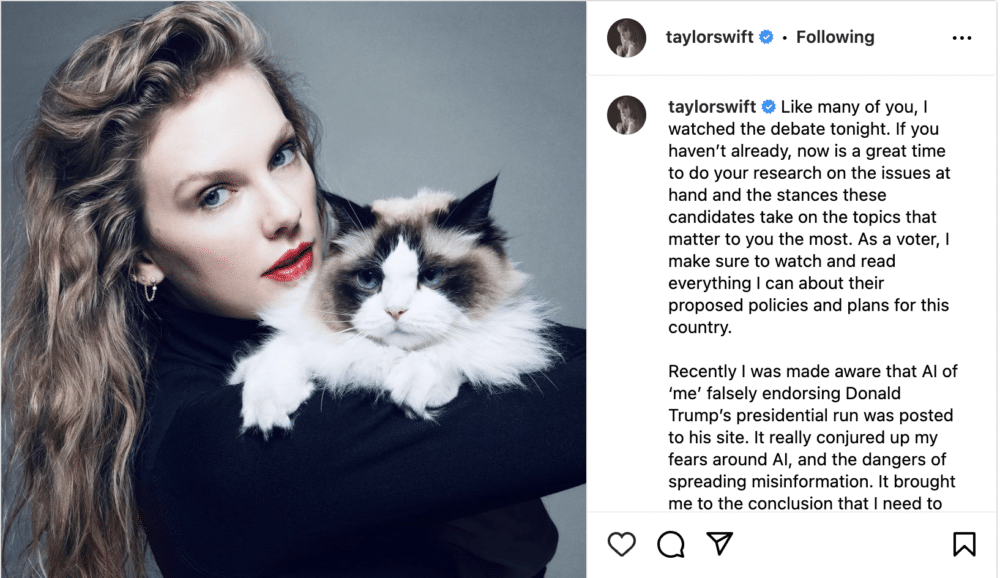 Artist Taylor Swift in a Black turtleneck holding a long-haired cat. The right side of the frame includes a section of her instagram endorsement of VP Kamala Harris.