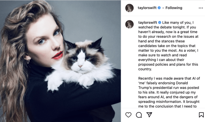 Artist Taylor Swift in a Black turtleneck holding a long-haired cat. The right side of the frame includes a section of her instagram endorsement of VP Kamala Harris.