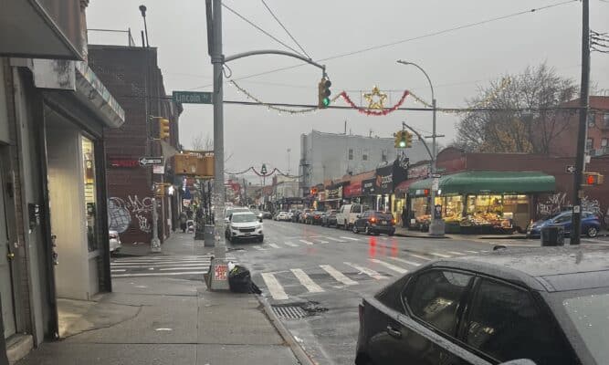 The corner of Lincoln ave in Cypress Hills on a misty day.