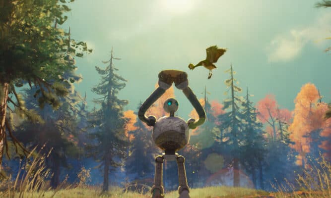 A robot stands with its arms above its head before a forest in the background. A bird flies near its hands in the center frame.