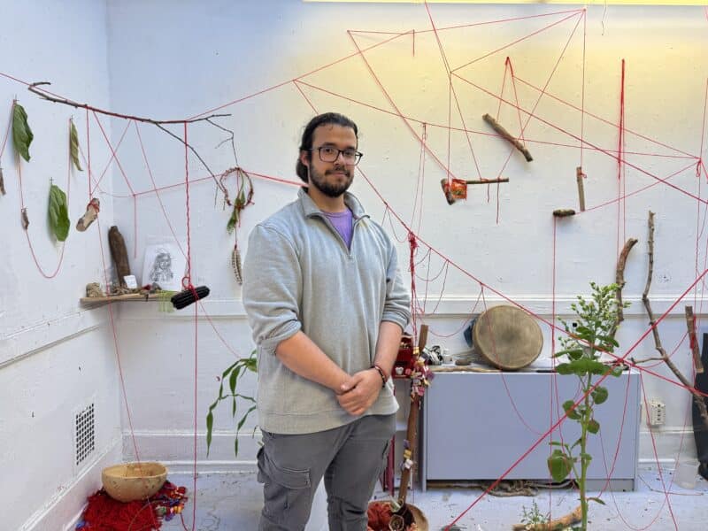 artist in the middle of a strings and plants.