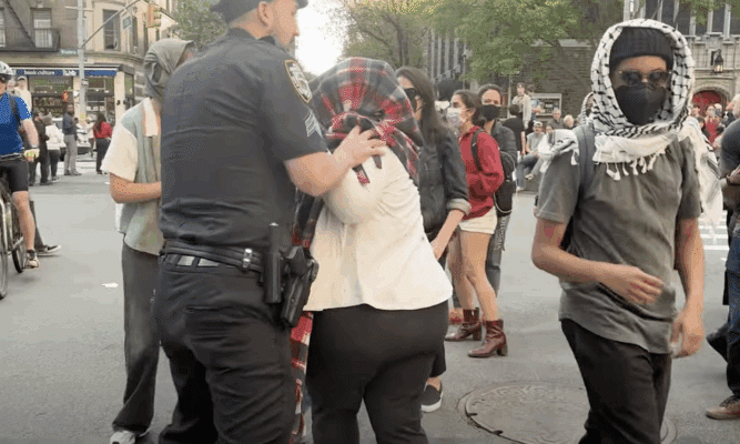 Screen shot of student protestors and a police officer