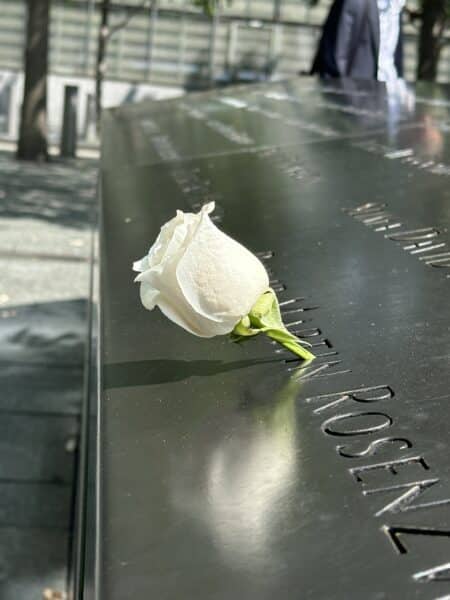 White rose on a name at the 9/11 Memorial