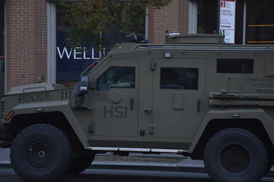 An armored Homeland Security Investigation vehicle.
