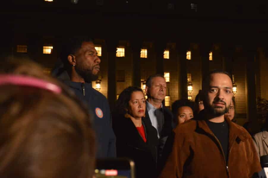 Public Advocate Jumaane Williams, Comptroller Brad Lander, and Council Member Rafael Salamanca Jr. speak at an evening press conference in Foley Square