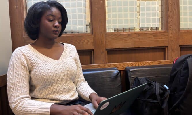 Women sitting on a couch typing on a laptop