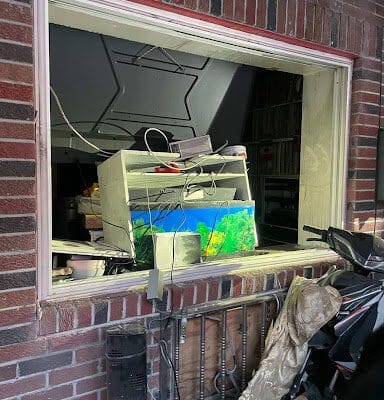 a damaged window shown.