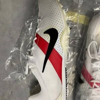 white running shoes with a red stripe and nike swoosh