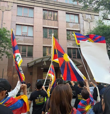 multiple flags waved by protestors. the flag has blue, yellow, and red.
