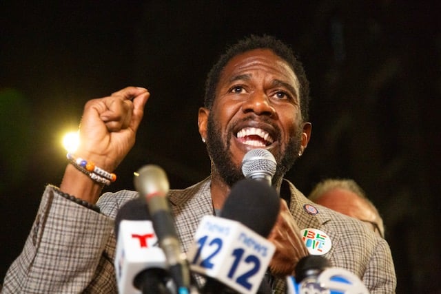 Public Advocate Jumaane Williams addresses the press and community members.