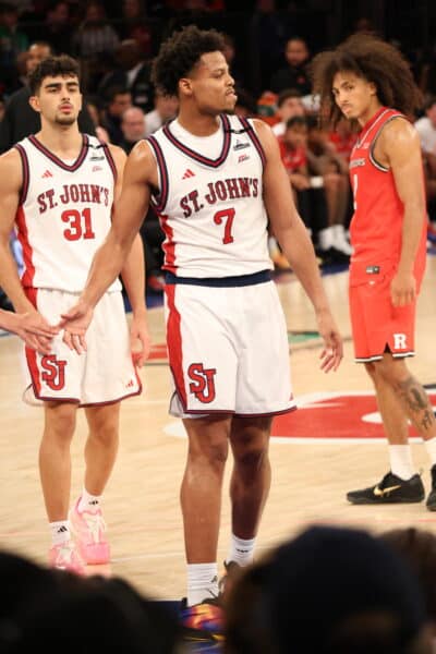 St. John’s and Rutgers basketball players during a game.